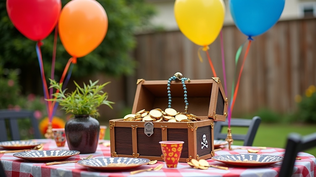 Pirate themed birthday party setup with decorations, treasure chests, balloons, and fun party props in a colorful backyard setting
